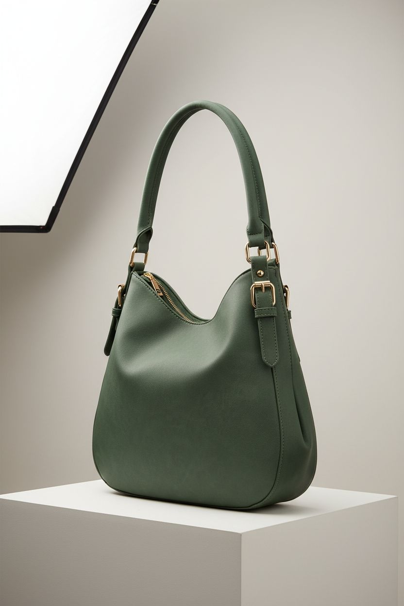 Product shot of Green Smoke hobo bag by FashionPuzzle showcasing its design and compartments
