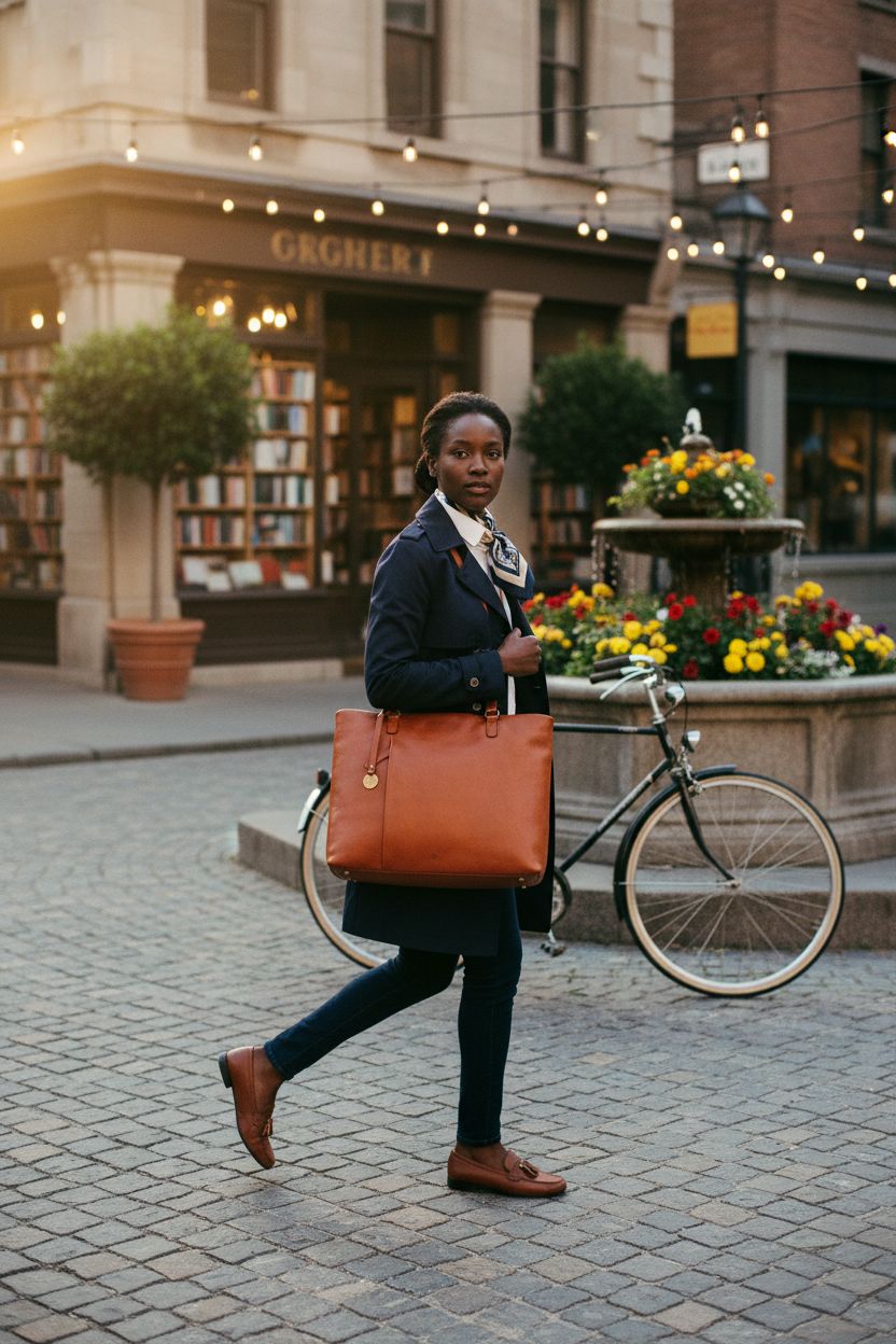 VILENCA HOLLAND cognac leather tote handbag styled with a navy trench and vintage bicycle