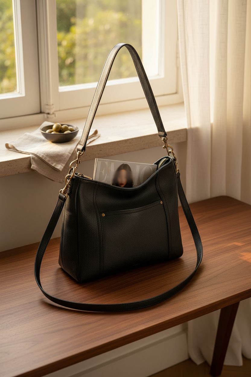 Befen black leather hobo bag elegantly placed in a cozy Italian apartment setting, perfect for stylish living.