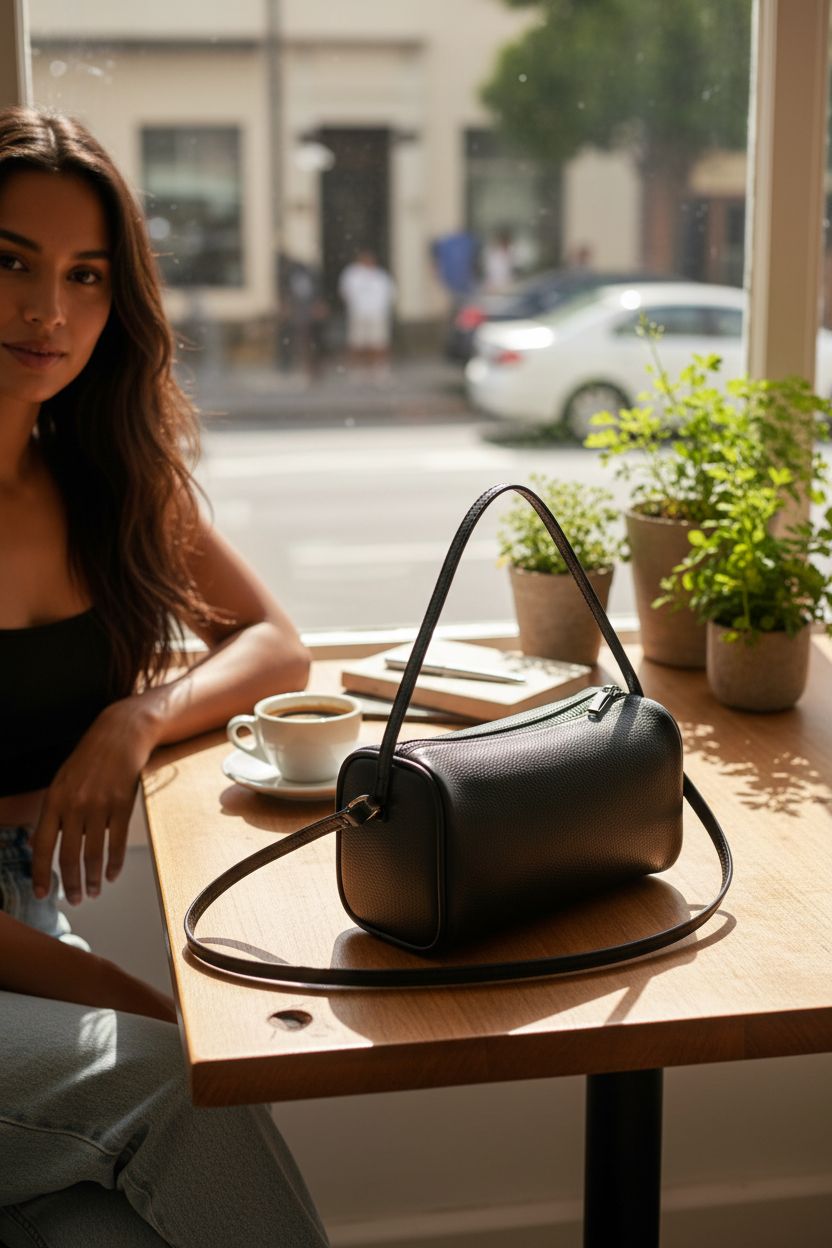Elegant DONNAIN black barrel leather bag by a cozy café window with warm decor