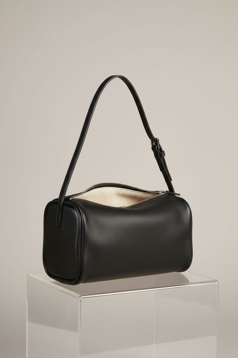 Premium DONNAIN black leather crossbody bag showcasing zipper and texture details