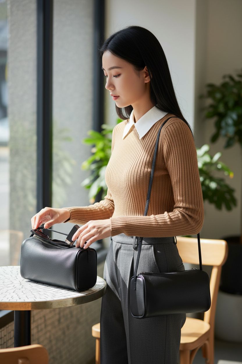 Stylish DONNAIN black leather crossbody purse with zipper detail on a café table