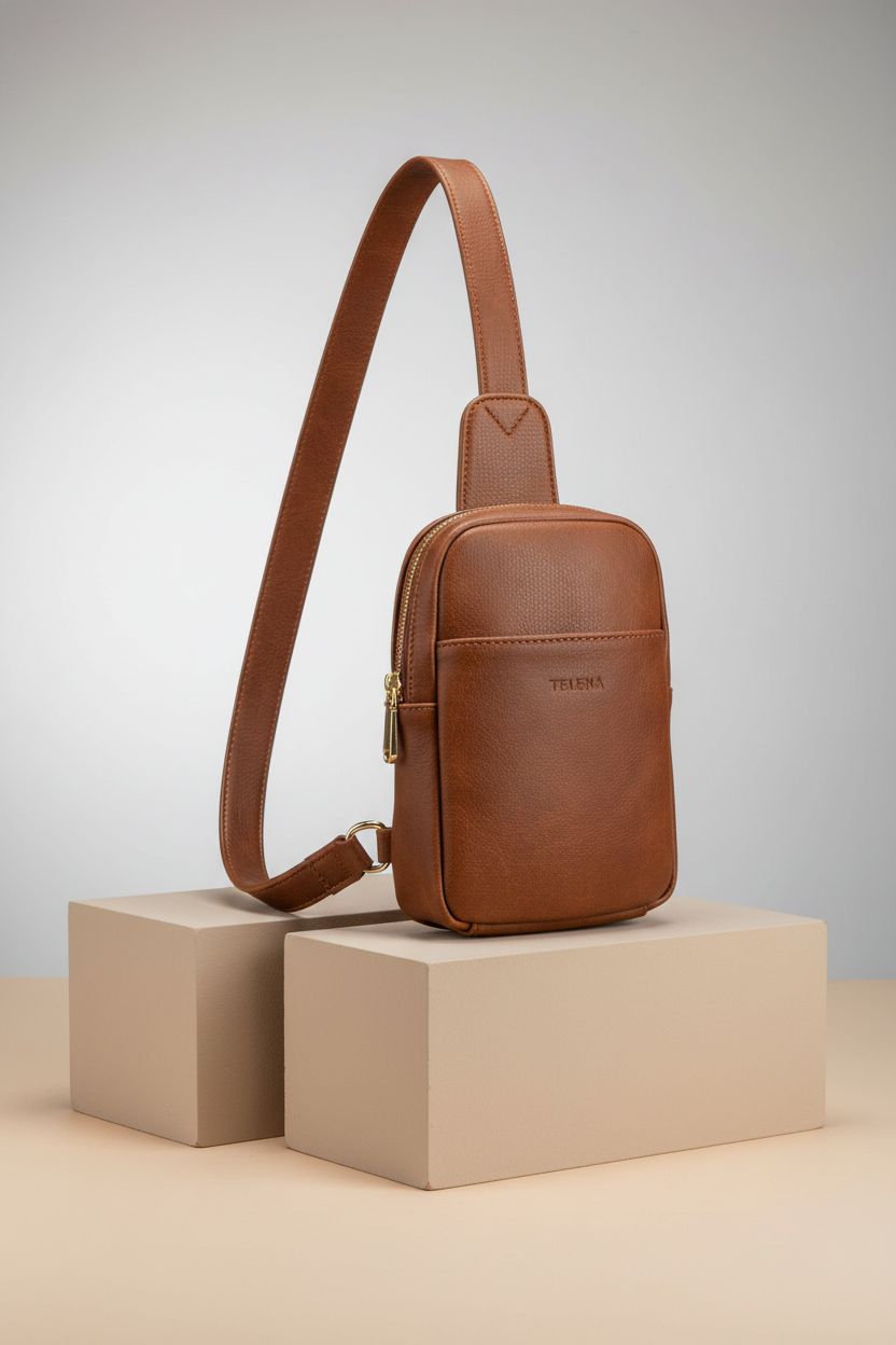 Close-up of Telena leather crossbody bag highlighting stitching and sleek design