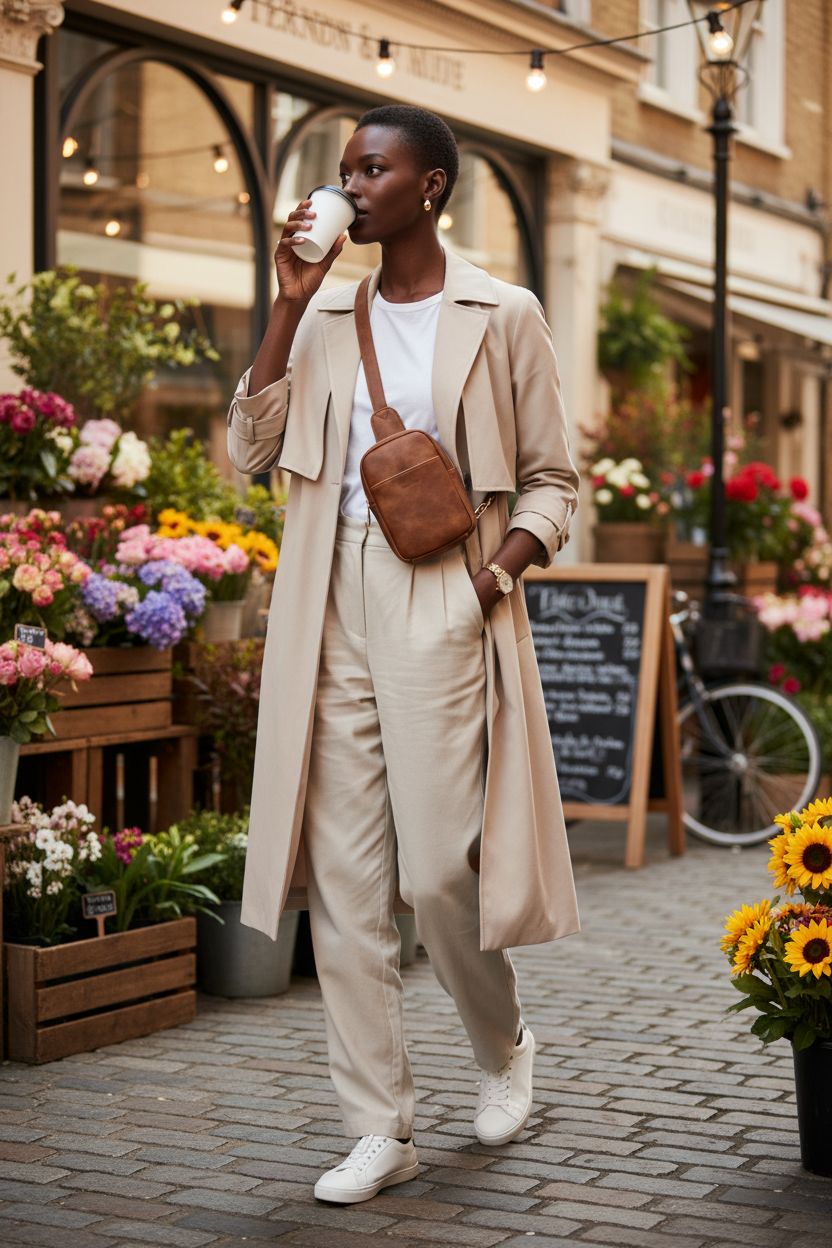 Telena mocha brown leather crossbody sling bag styled with oatmeal trench and white sneakers