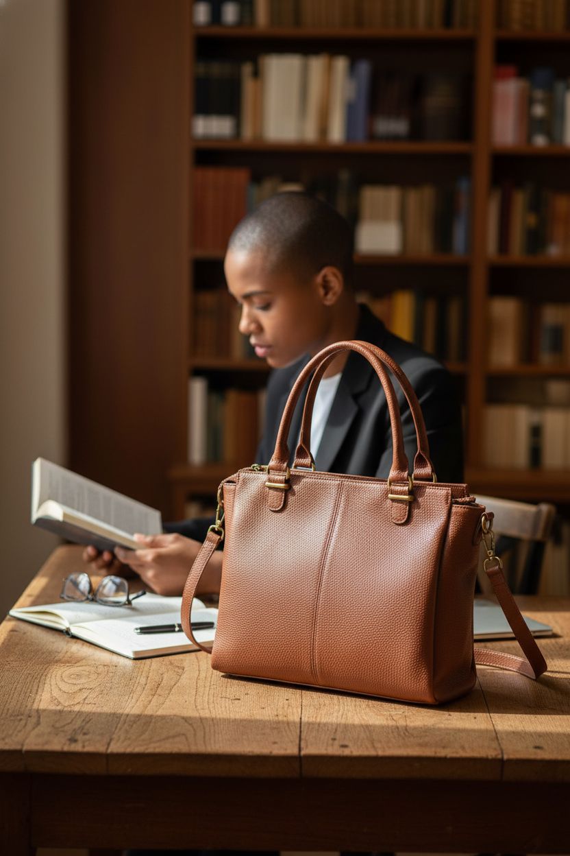 Befen cognac leather bag on a warm oak table in a reading nook.