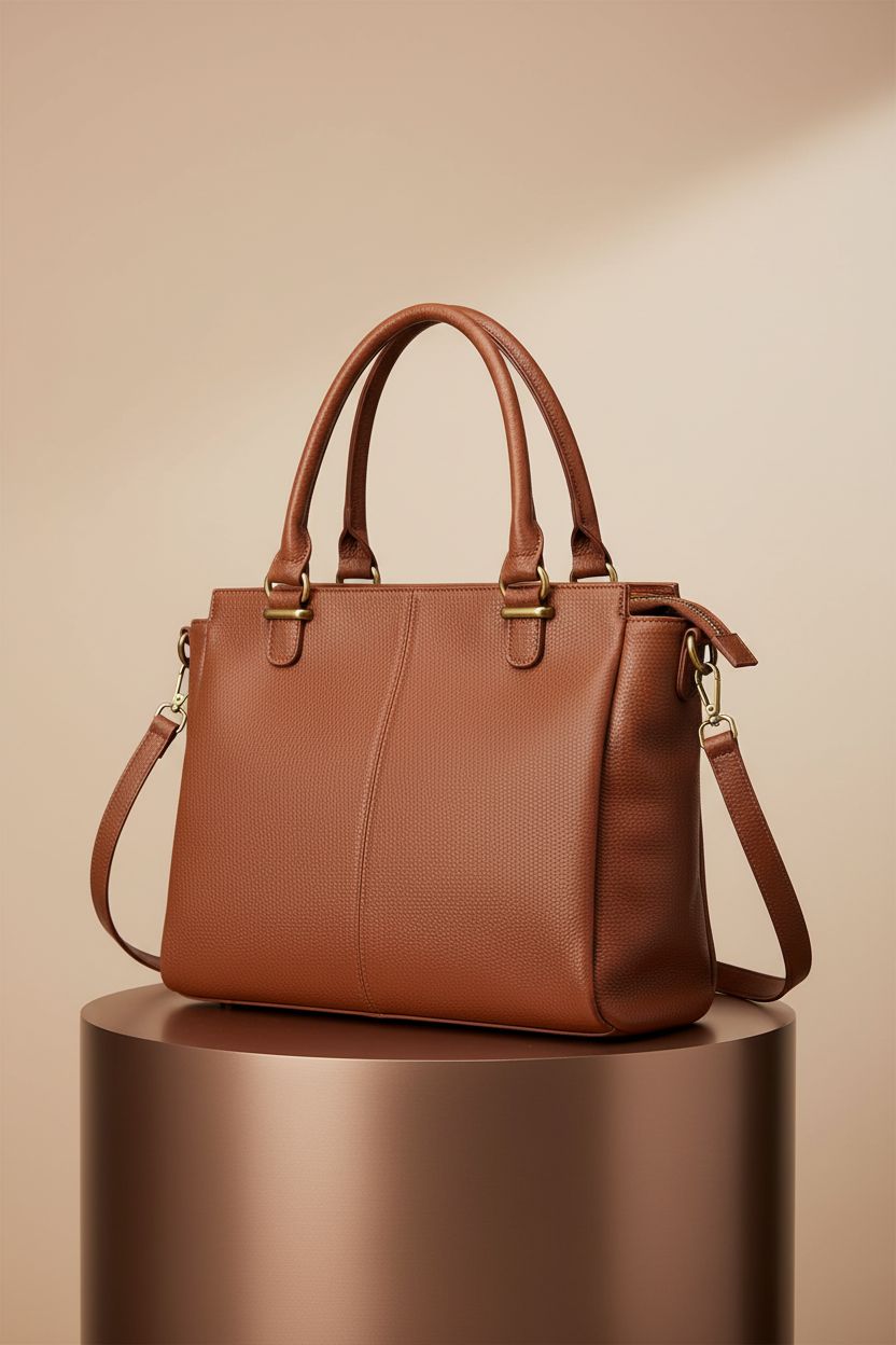 Befen cognac brown leather purse displayed on a minimalist set.