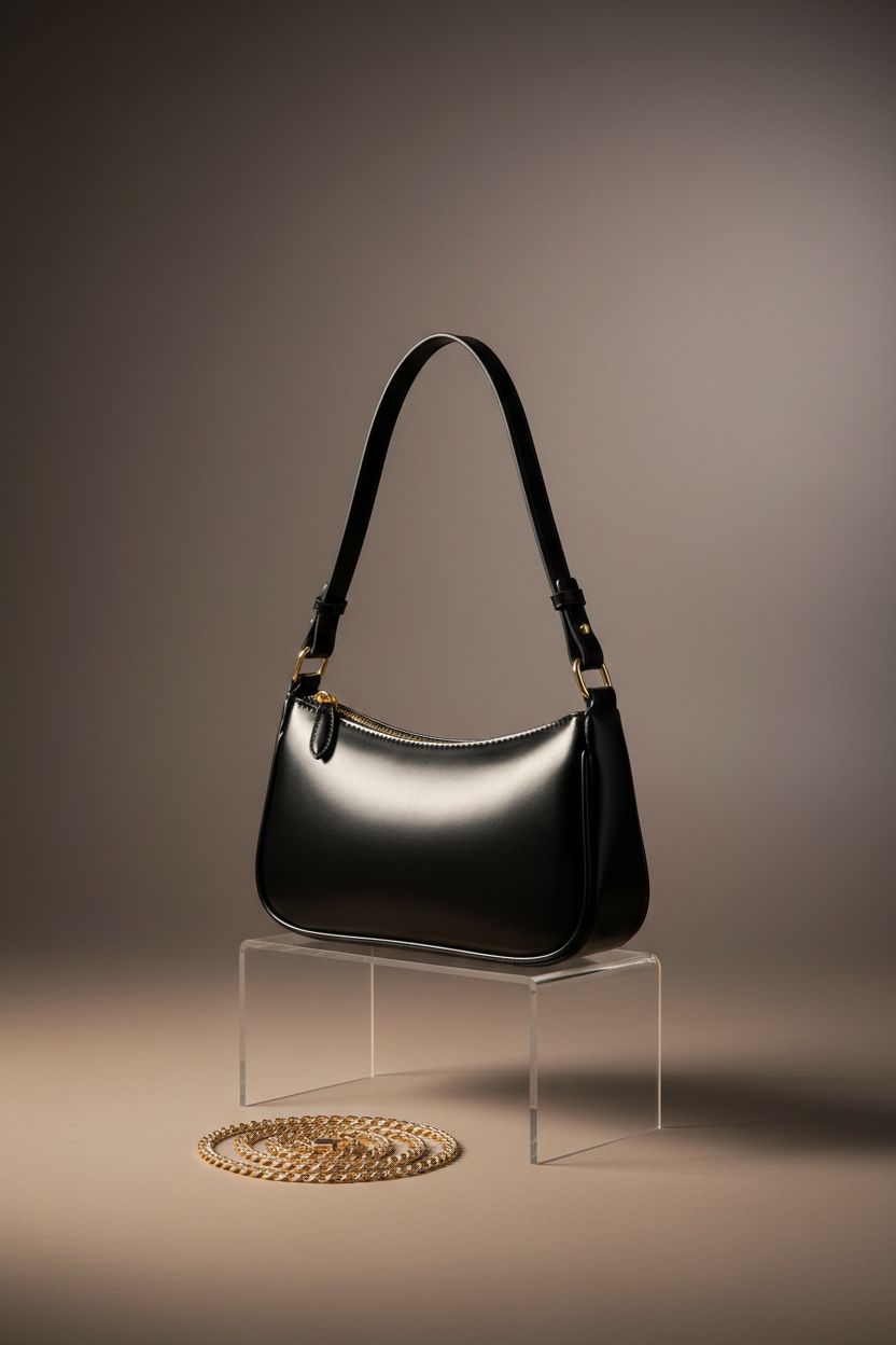 Product image of Cawgot's black vegan leather crescent bag showcasing its fine details and quality.
