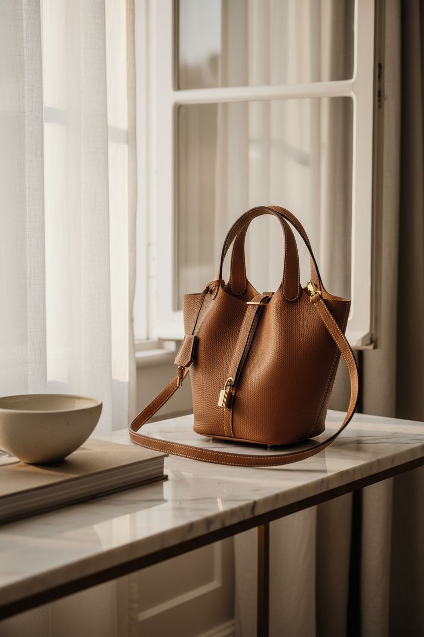 Hedexe leather bucket bag resting on marble console in a stylish apartment
