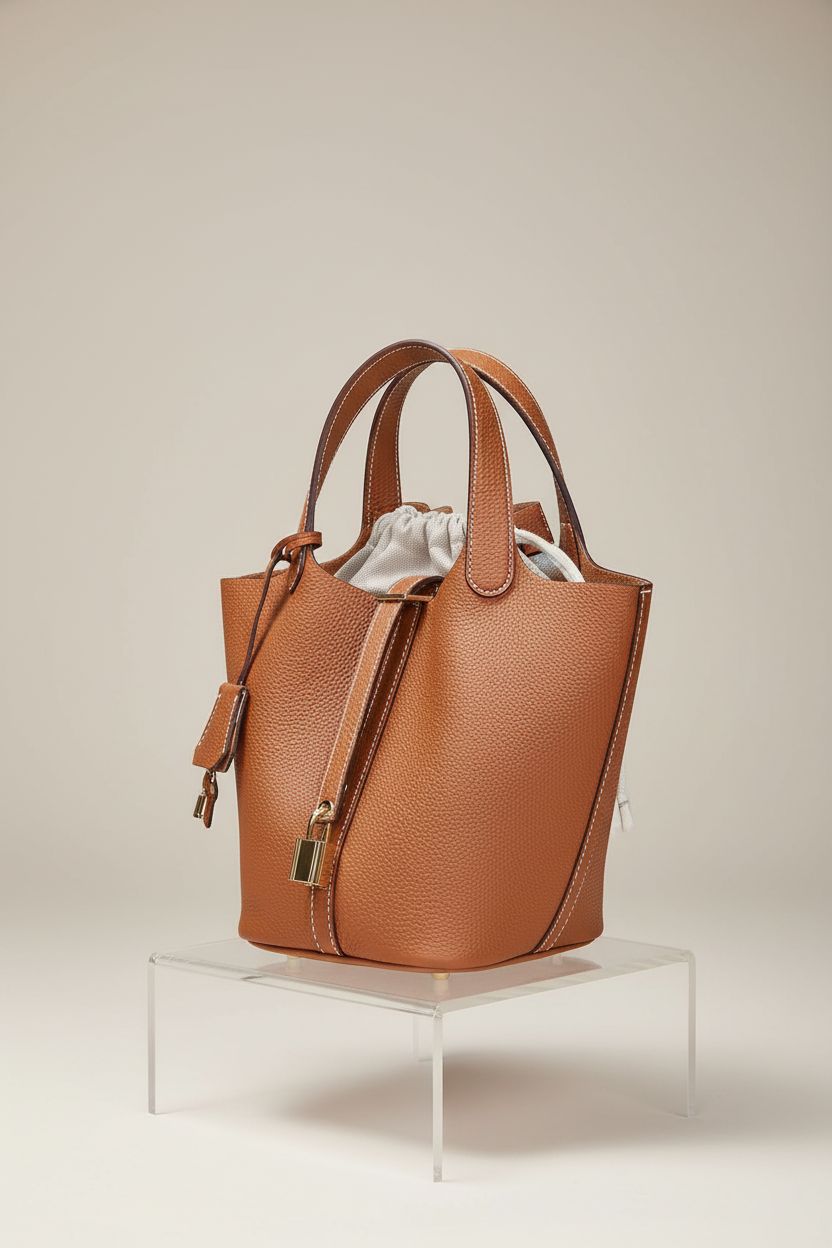 Close-up of Hedexe designer leather bucket bag showcasing quality craftsmanship