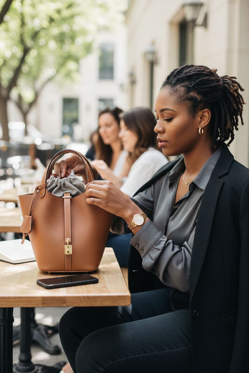 Designer leather bucket bag by hedexe on a cafe table with essentials visible