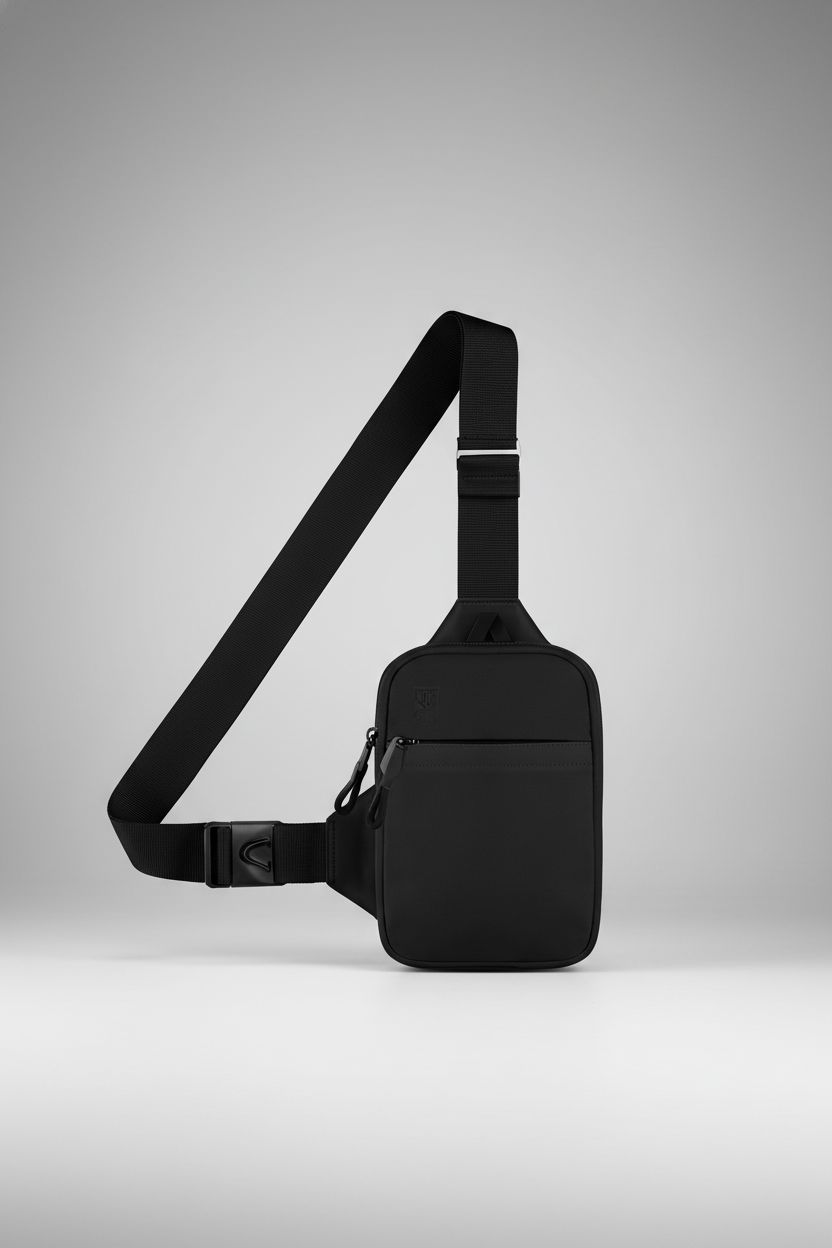 Simptech Mini Crossbody Sling Bag on a clean backdrop, highlighting its dual pockets and quick-release buckle.