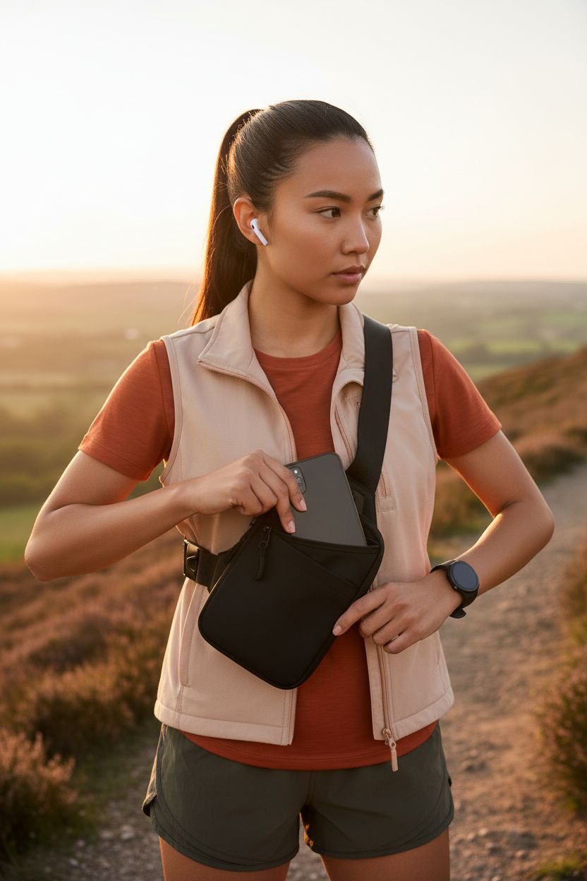 Simptech Mini Crossbody Sling Bag in black, perfect for workouts, shown in a stylish outdoor setting.