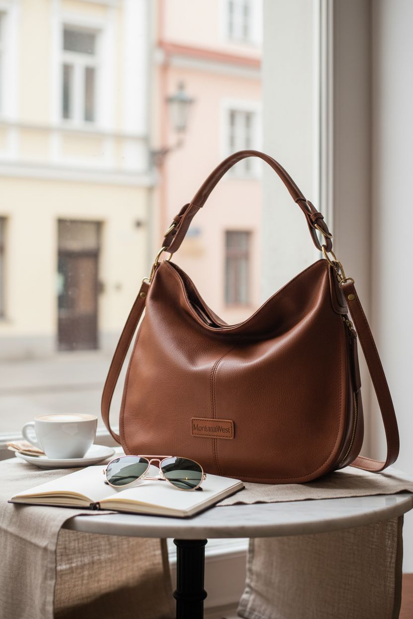 Montana West hobo bag on a marble table, suggesting versatility for work and leisure settings.