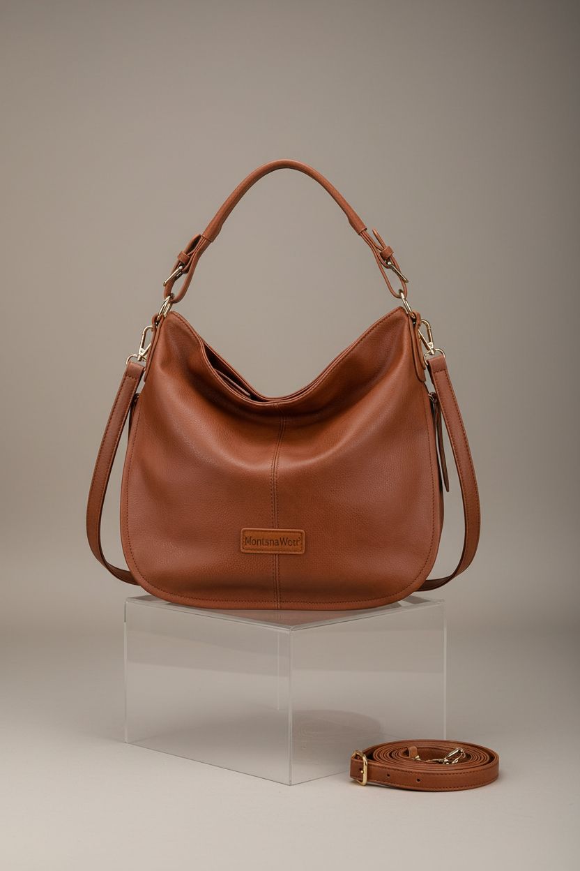 Montana West cognac hobo bag with detachable strap on a clean backdrop, highlighting its design and features.