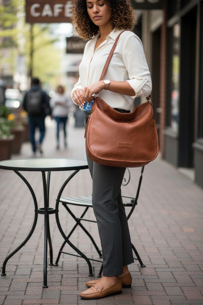 Montana West cognac hobo bag draped over a stylish outfit at a café, showcasing its practicality.