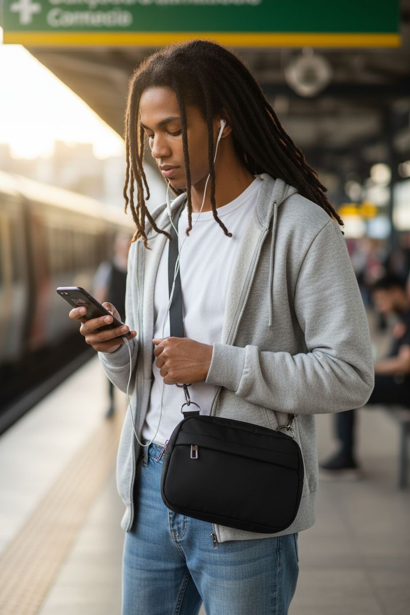MAXTOP black crossbody bag showcased on a train platform, ideal for travelers on the go.