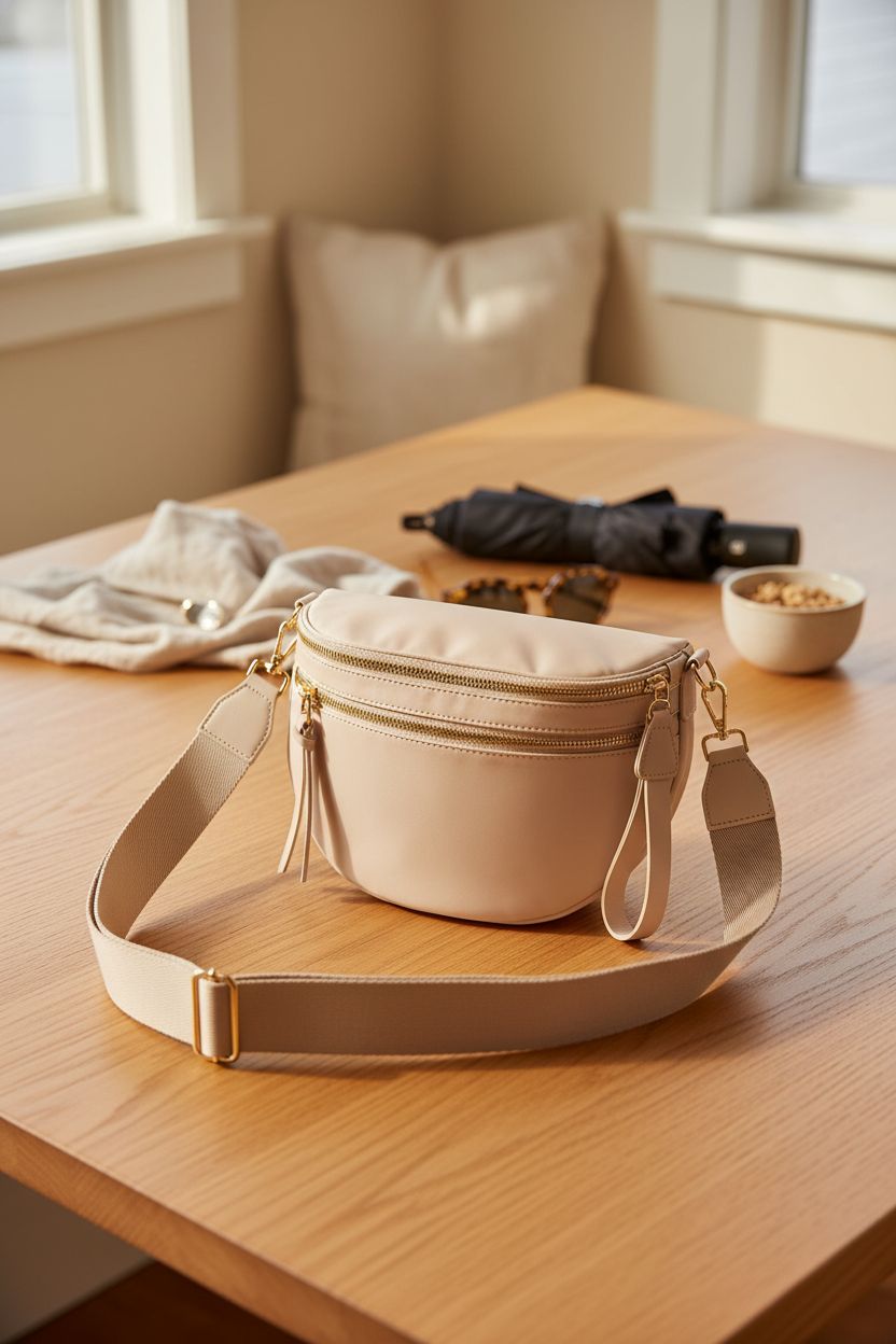Beige FEIBOON crossbody bag on a light oak table, surrounded by morning light and lifestyle items.