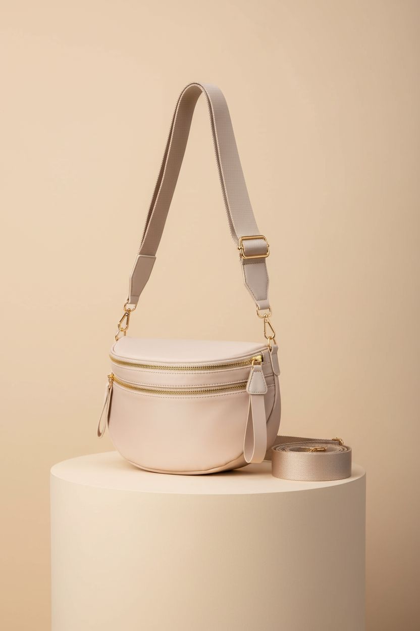 Product shot of beige FEIBOON crossbody bag on a cream backdrop, highlighting its elegant design and gold hardware.