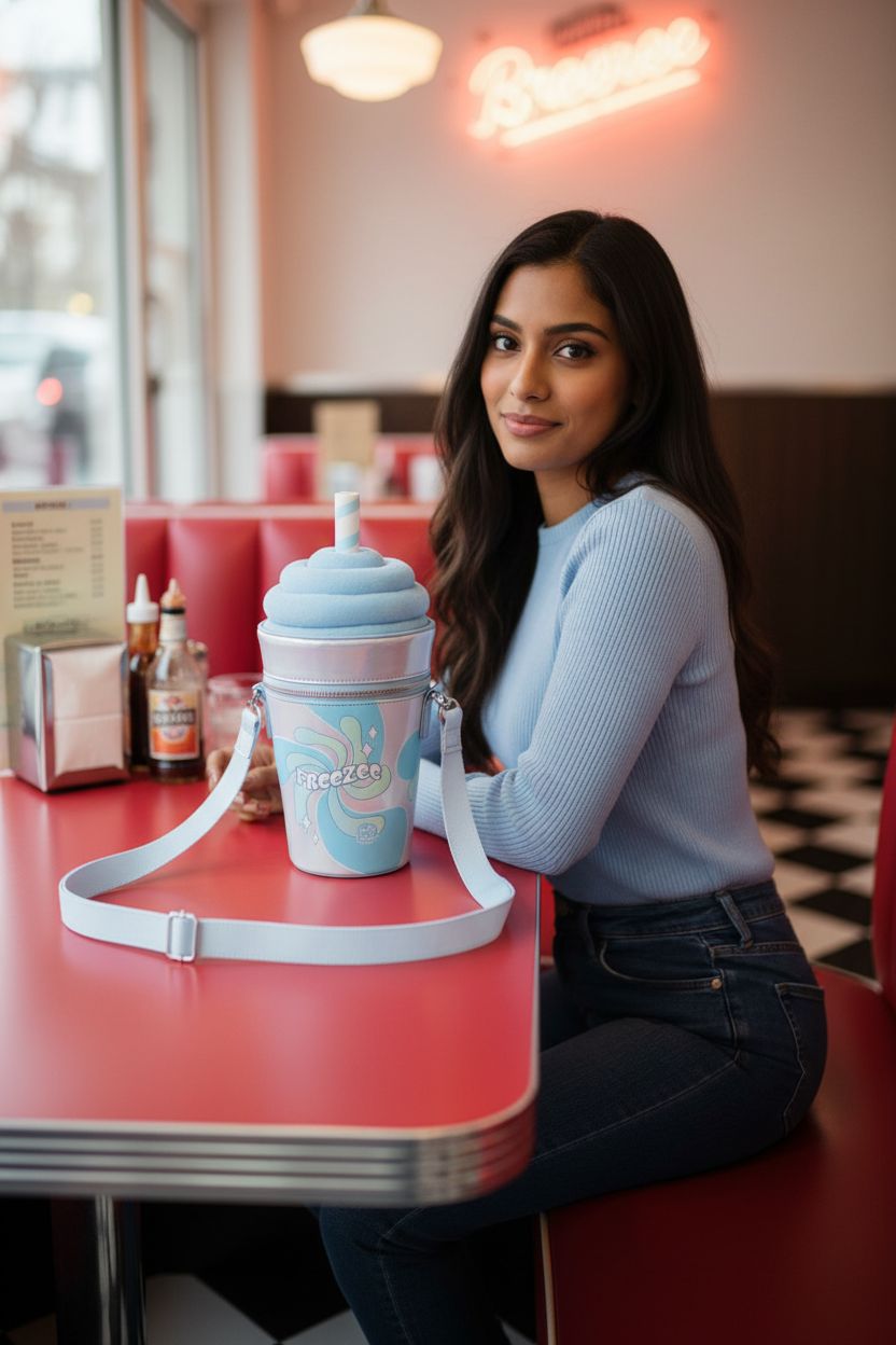 Freezee Plush Novelty 3D Crossbody Bag by Bioworld on a diner table, vibrant and eye-catching.
