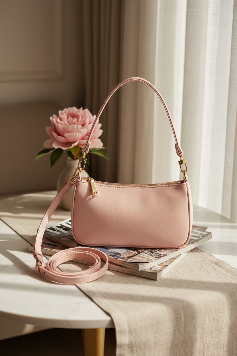 NIUEIMEE ZHOU pink hobo bag on marble table, elegant and serene atmosphere