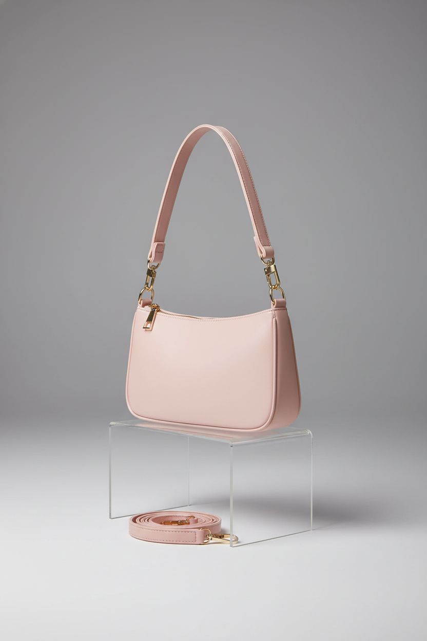 NIUEIMEE ZHOU soft pink hobo bag on pedestal, showcasing vegan leather design
