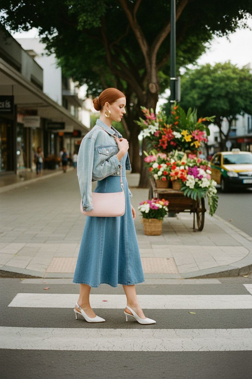 NIUEIMEE ZHOU pink purse paired with denim dress, vibrant shopping scene
