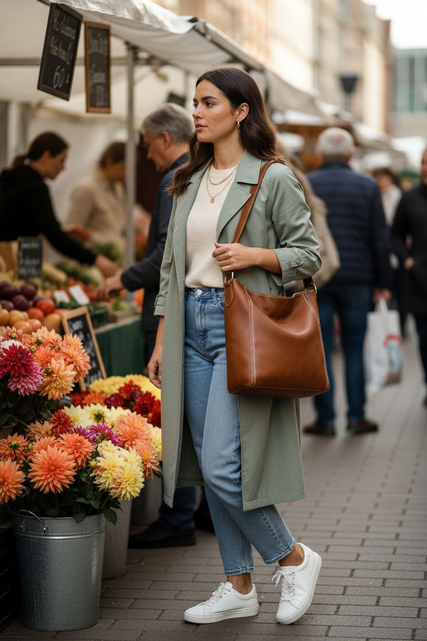 Montana West cognac-brown hobo bag on shoulder at a vibrant farmers market, highlighting its versatility.