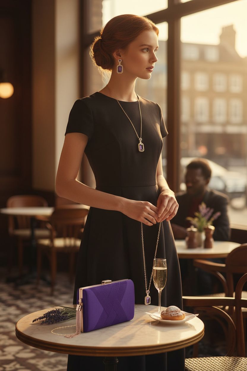 Jadive purple purse positioned elegantly on a café table, surrounded by a warm golden hour glow.