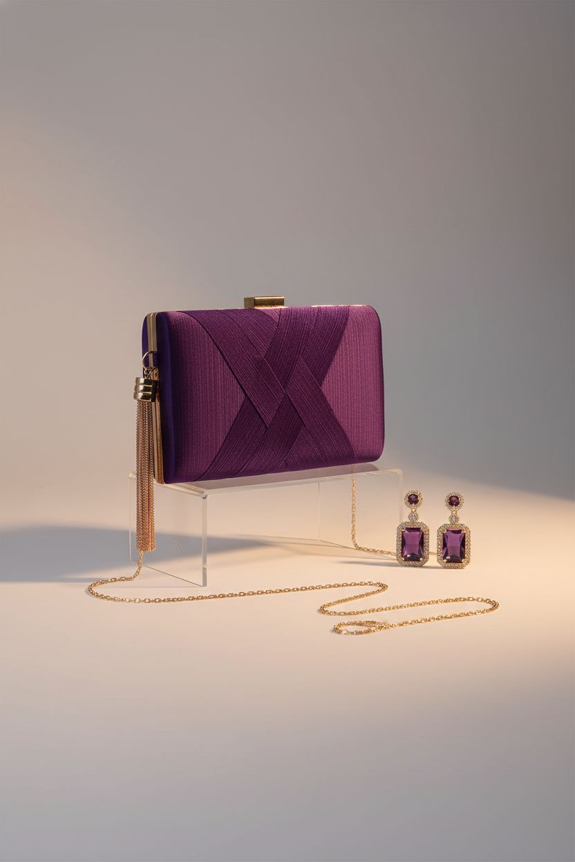 Jadive purple velvet purse displayed elegantly with a focus on its chain and craftsmanship.