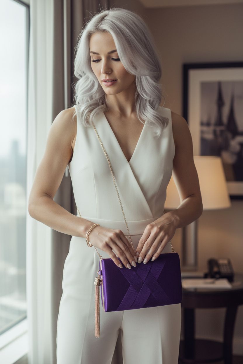 Jadive purple velvet purse with gold clasp elegantly showcased in a chic hotel setting.