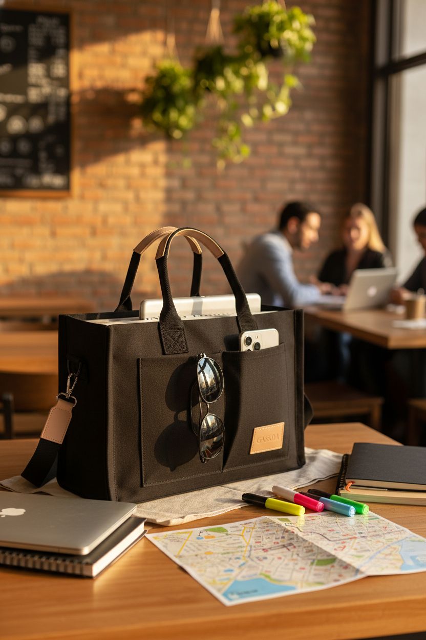 GASSDA black canvas tote bag on a cozy café table, surrounded by study essentials, ideal for students.