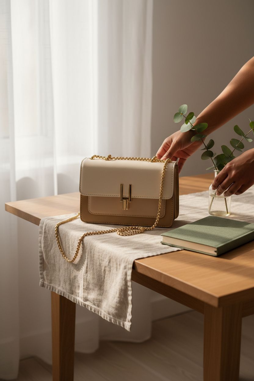 TOP BAND faux leather crossbody bag displayed on a linen table, showcasing its stylish design.