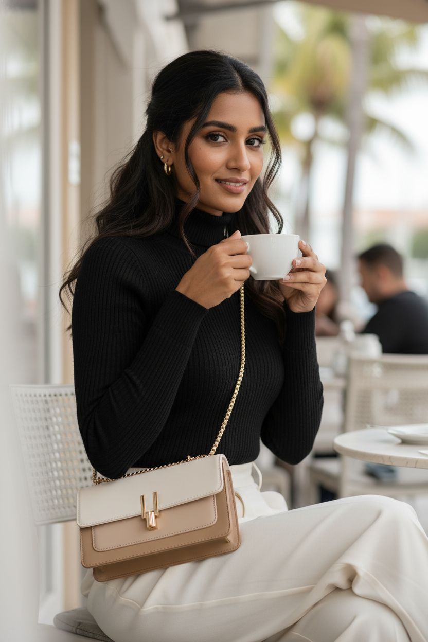 Stylish TOP BAND crossbody purse in beige and white, ideal for café outings and daily wear.