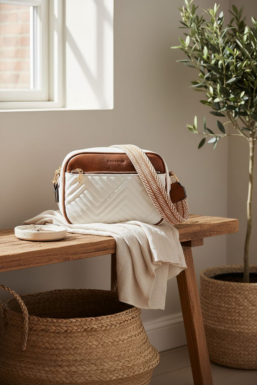 BOSTANTEN beige and brown purse on a wooden bench in a cozy entryway setting.