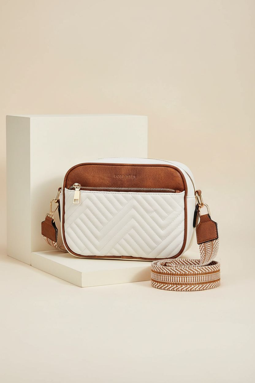 BOSTANTEN small shoulder handbag in beige and brown on a clean backdrop.