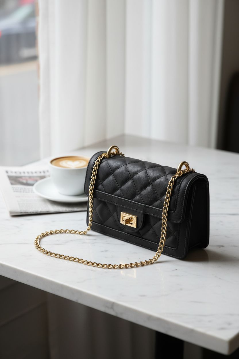 SG SUGU black quilted crossbody bag on café table with cappuccino and newspaper