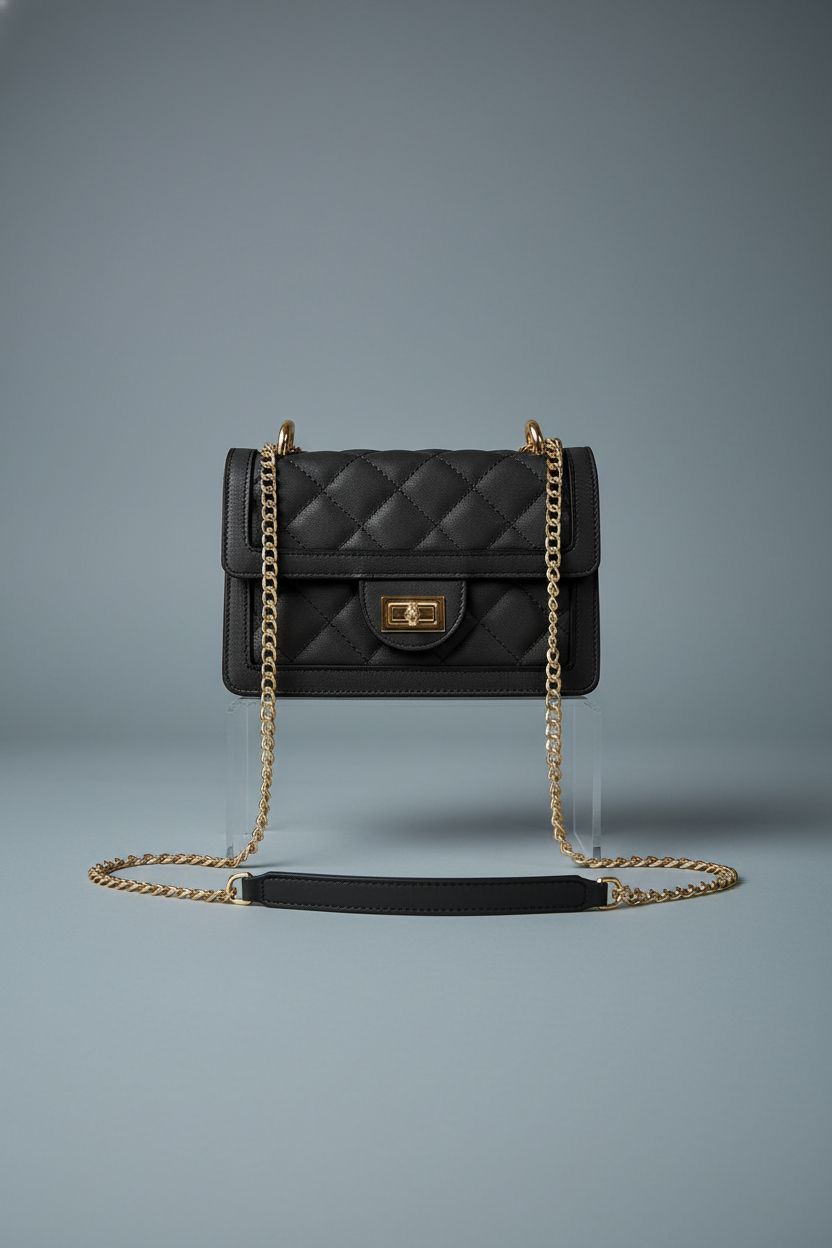 SG SUGU small black quilted crossbody bag showcasing gold chain and vegan leather