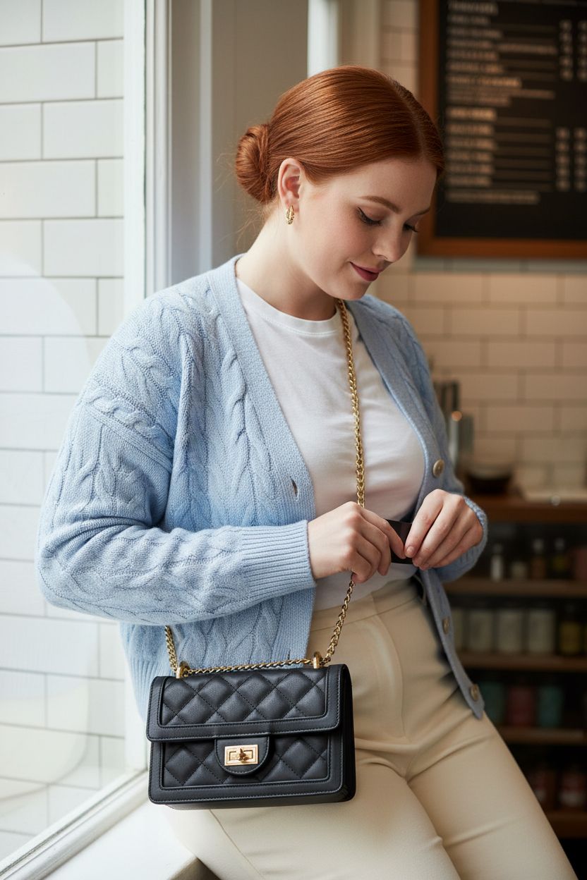 Compact SG SUGU black quilted crossbody bag with gold hardware at café window