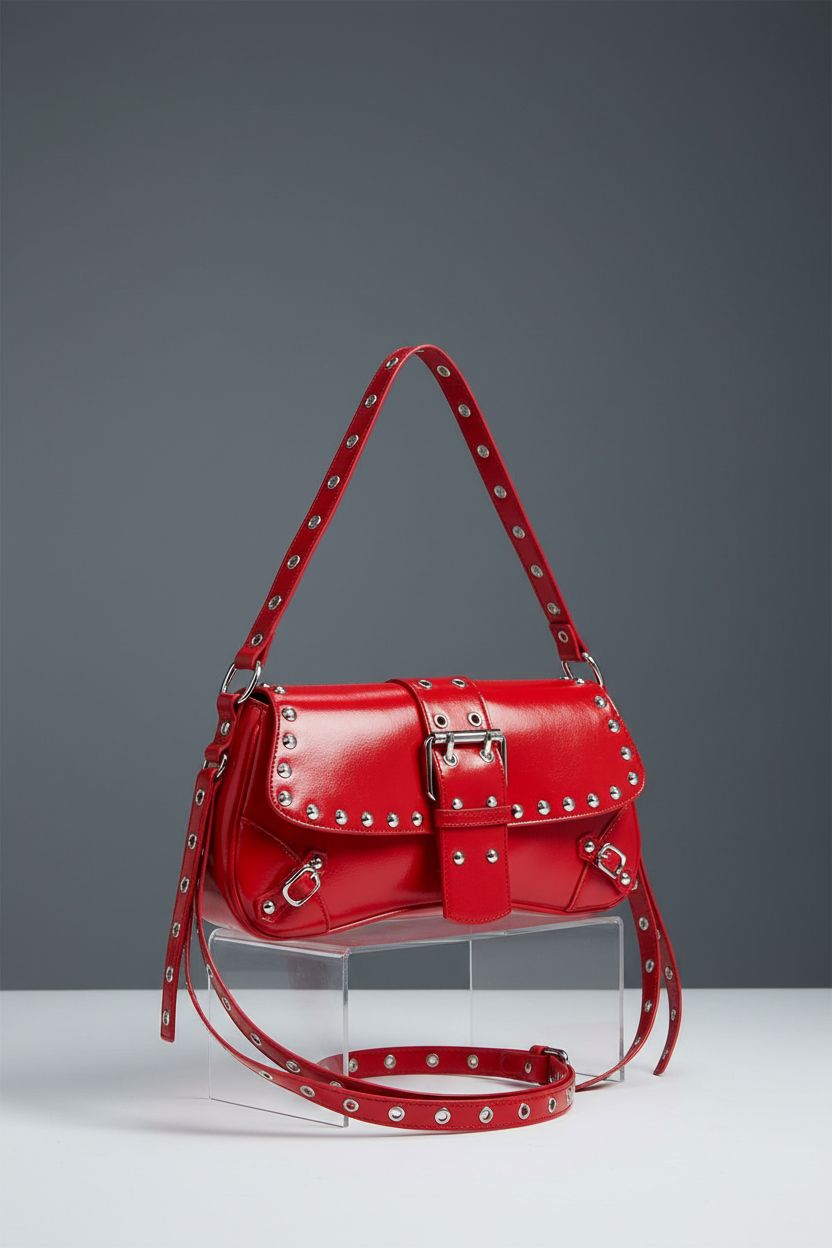 Elegant red shoulder bag by Verdusa on a minimal display, showcasing fine stitching and rivet details.