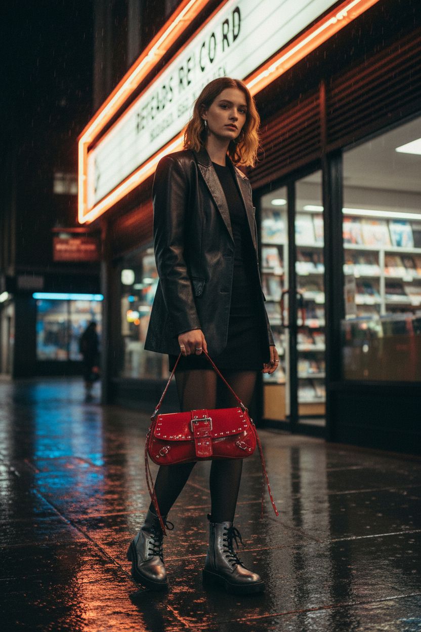 Glossy red punk handbag from Verdusa, highlighted against a neon-lit street, capturing its edgy design.