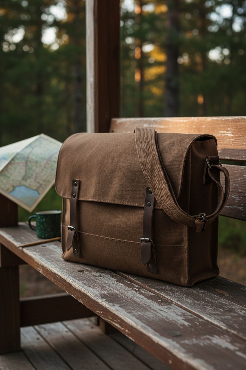Rothco brown canvas satchel resting on wooden bench, showcasing rugged style in nature