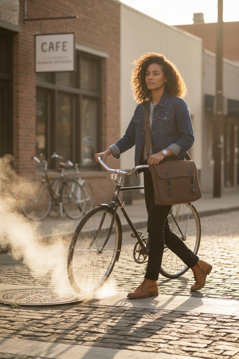 Rothco brown canvas medic bag crossbody satchel on cobblestone street during morning commute