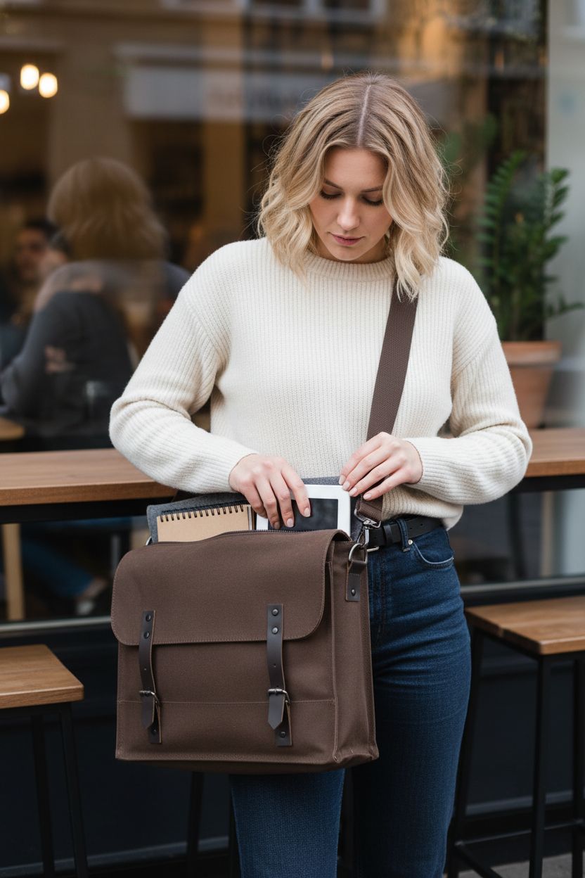 Rothco brown canvas satchel with leather straps, opened outside a café, perfect for notebooks