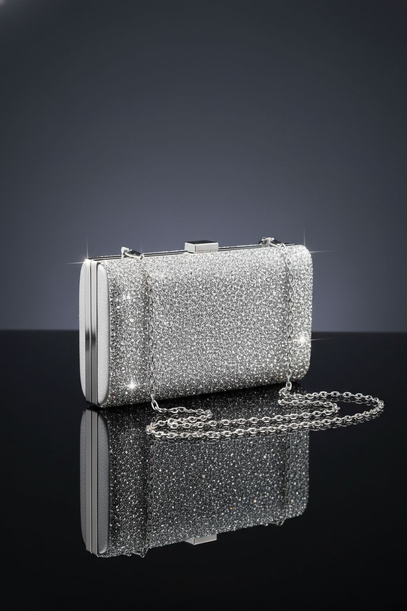 Kigeli silver rhinestone clutch showcased on a sleek black acrylic base