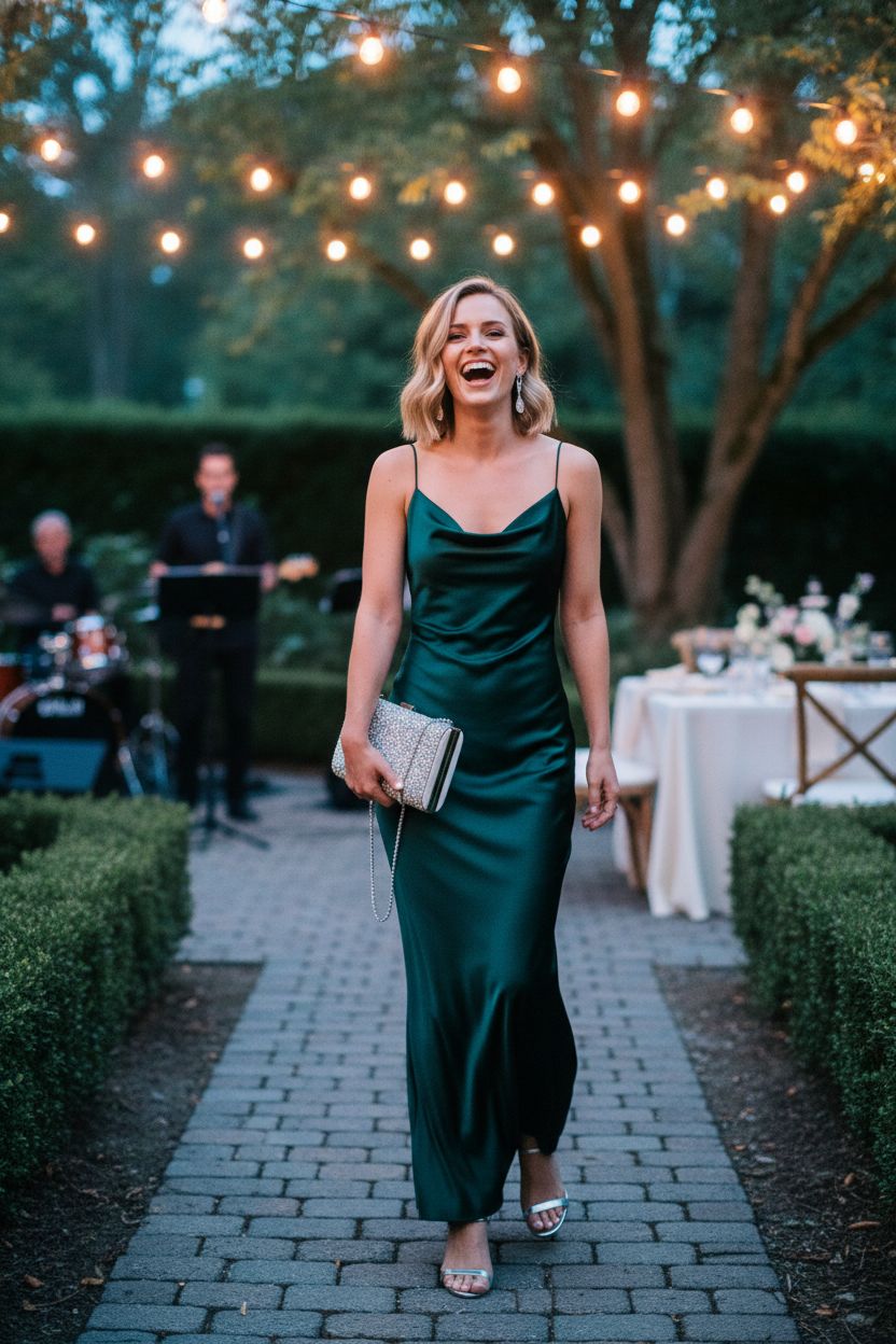 Kigeli silver rhinestone evening clutch bag illuminated in a twilight garden setting