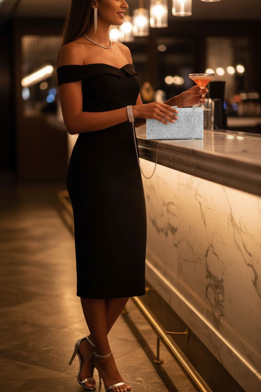 Kigeli silver rhinestone clutch at a cocktail lounge with a chic bar atmosphere