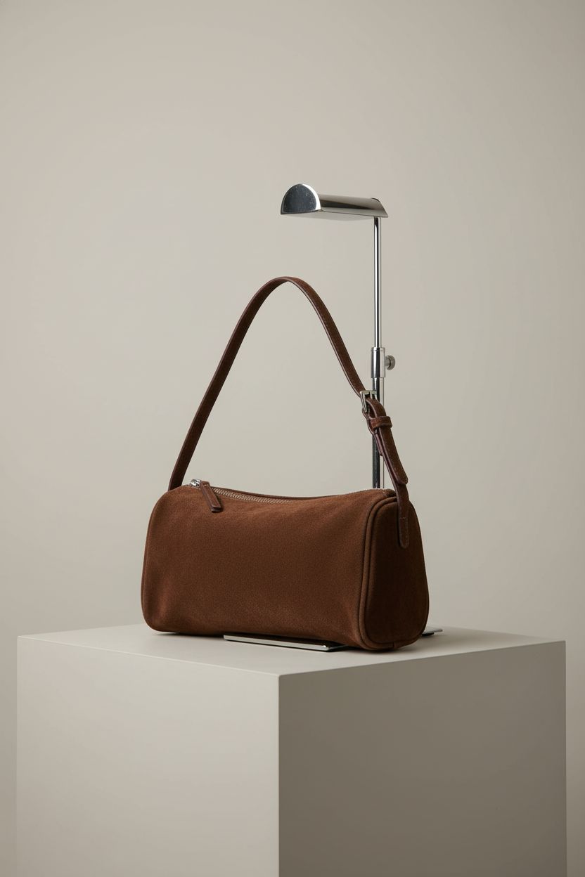 Product shot of DONNAIN coffee suede purse showcasing its design and texture.