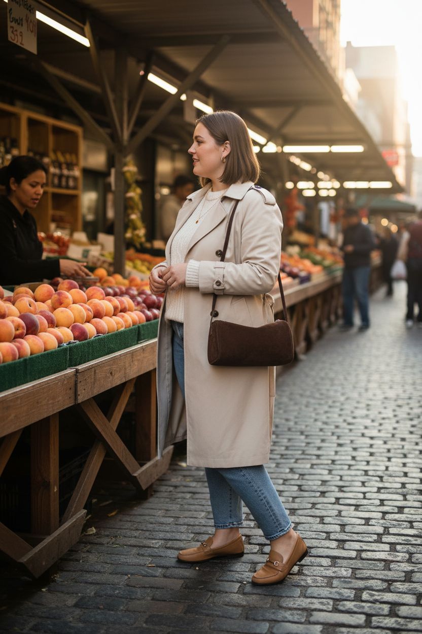 Coffee-colored suede crossbody purse by DONNAIN displayed at a farmer's market.
