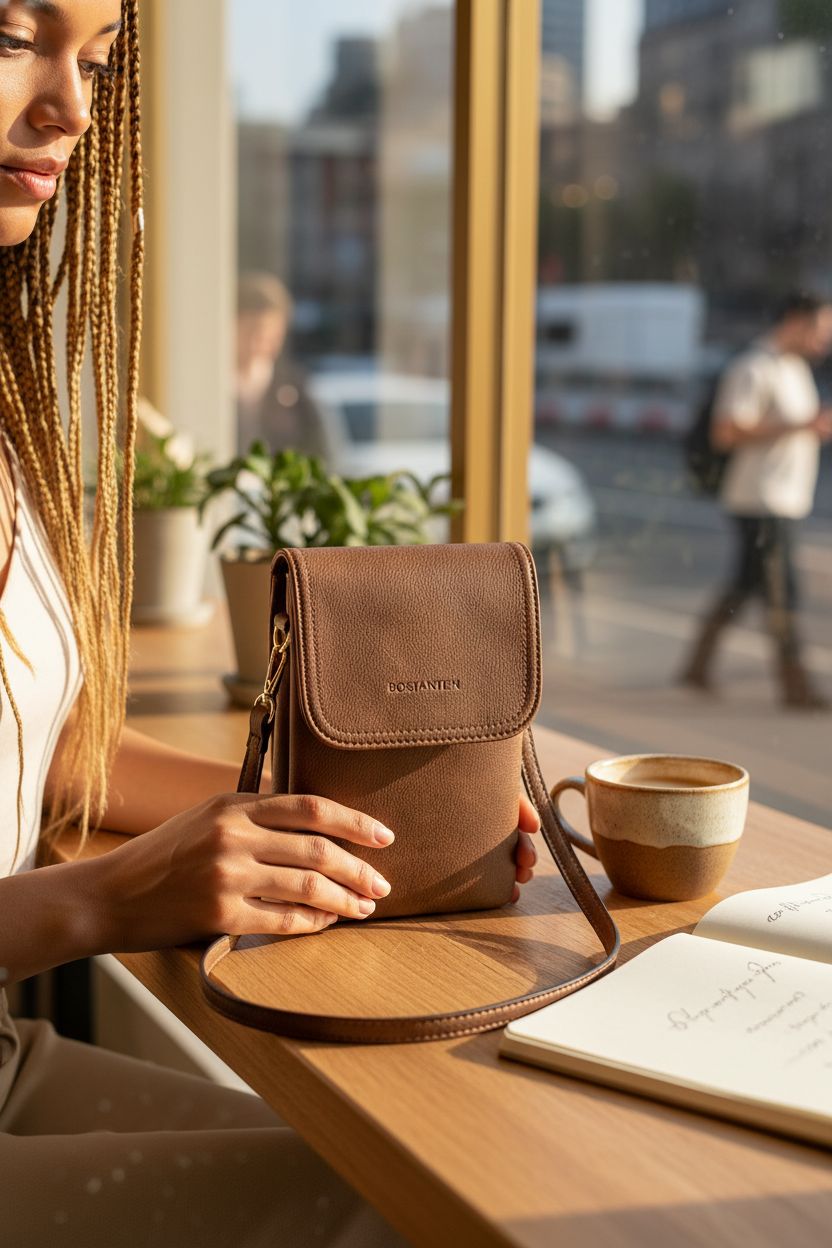 BOSTANTEN vegan leather small purse resting on a wooden table in a café