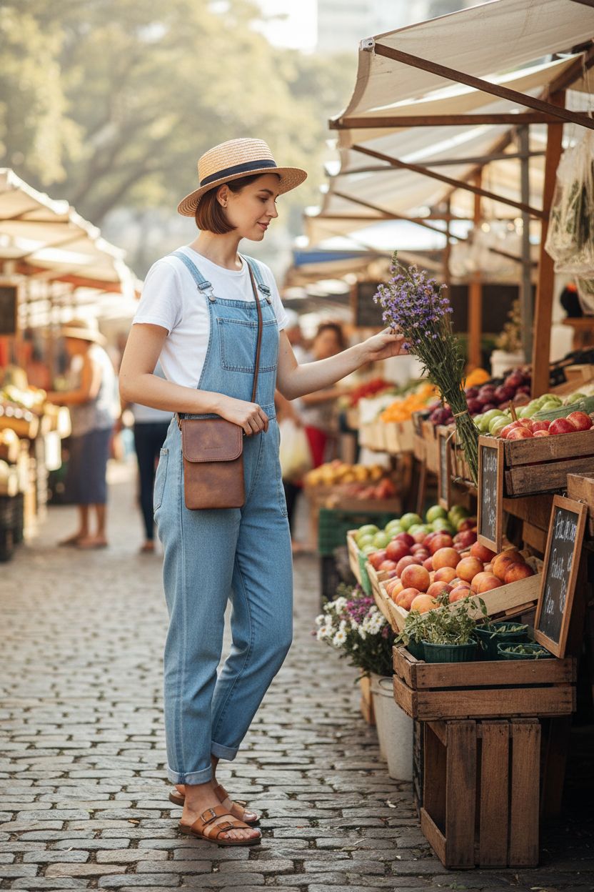 BOSTANTEN small crossbody bag worn over denim jumpsuit at a market